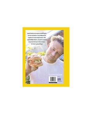 Man in white shirt holding a hamburger outdoors, with a bright yellow book cover frame behind him, and Jamie Oliver branding at bottom.